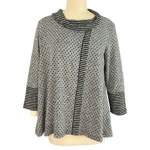 Yushi Tunic Top sz L Polka Dot Asymmetric Stripe Print Cowl Neck Lagenlook BOHO